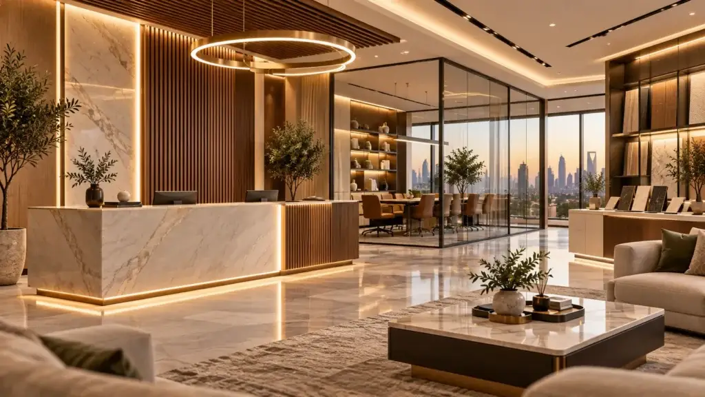Modern commercial reception area with glass partitions