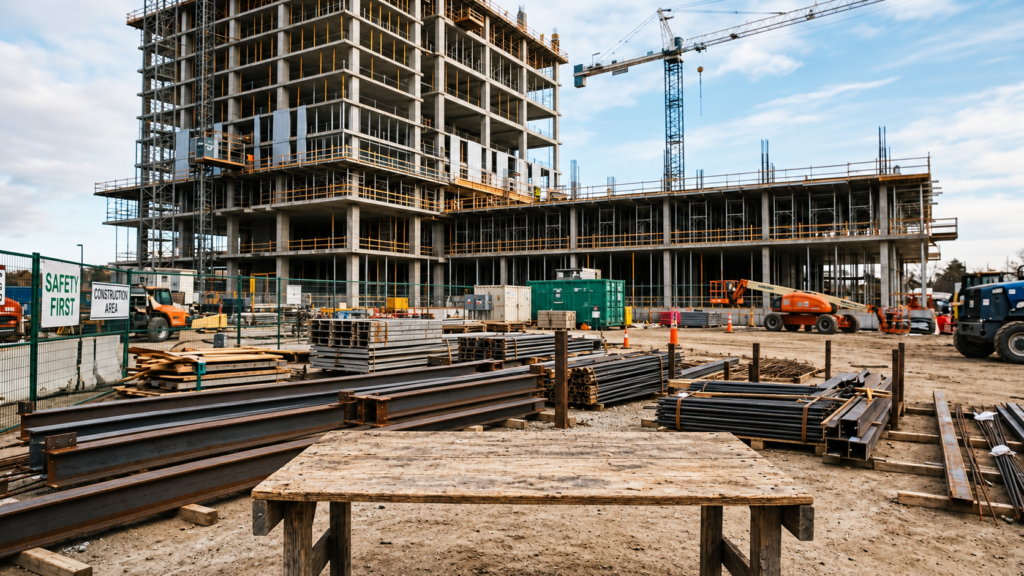 Illustrative construction site showing structural steel beams and a crane