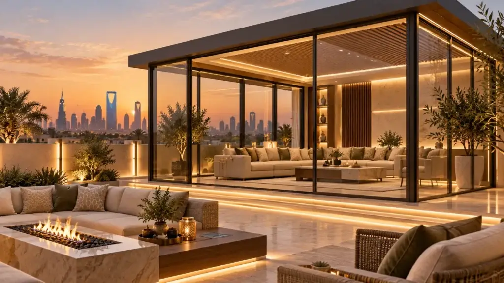 Modern glass-walled rooftop lounge with comfortable seating