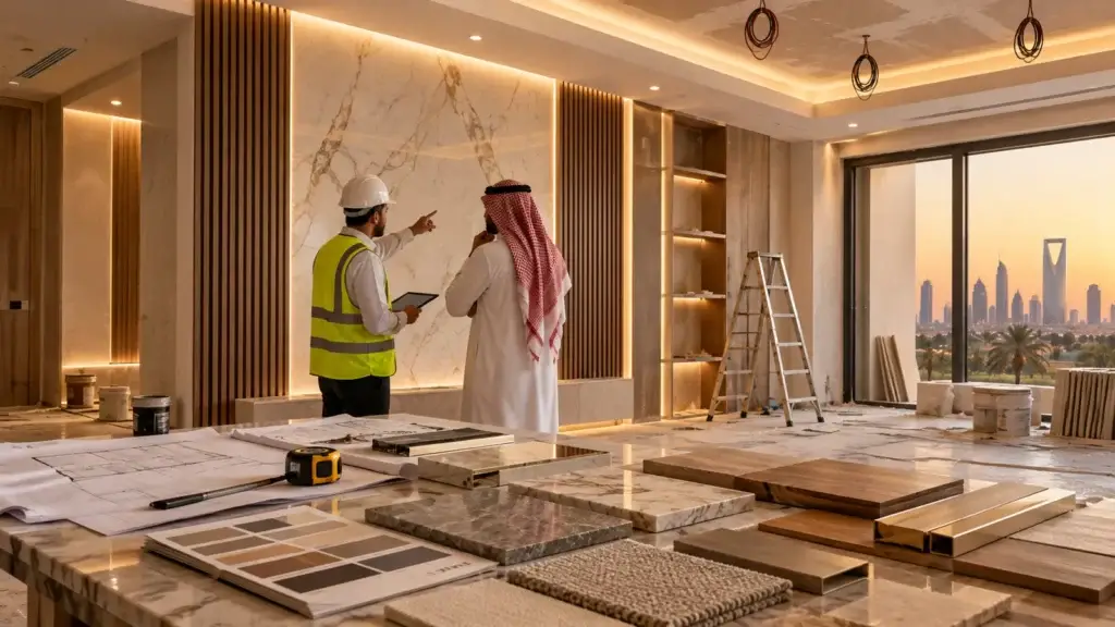 Contractor reviewing home finishing plans and material samples