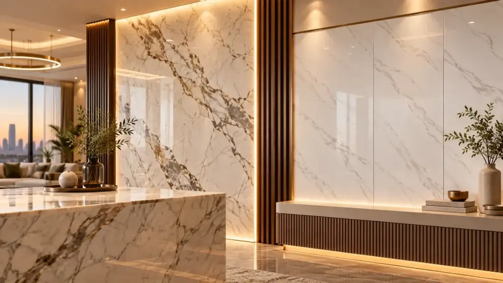 Display of marble-inspired wall finishes and decorative panels