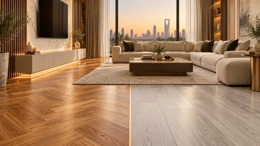 Living room showing contrasting wood-look flooring finishes