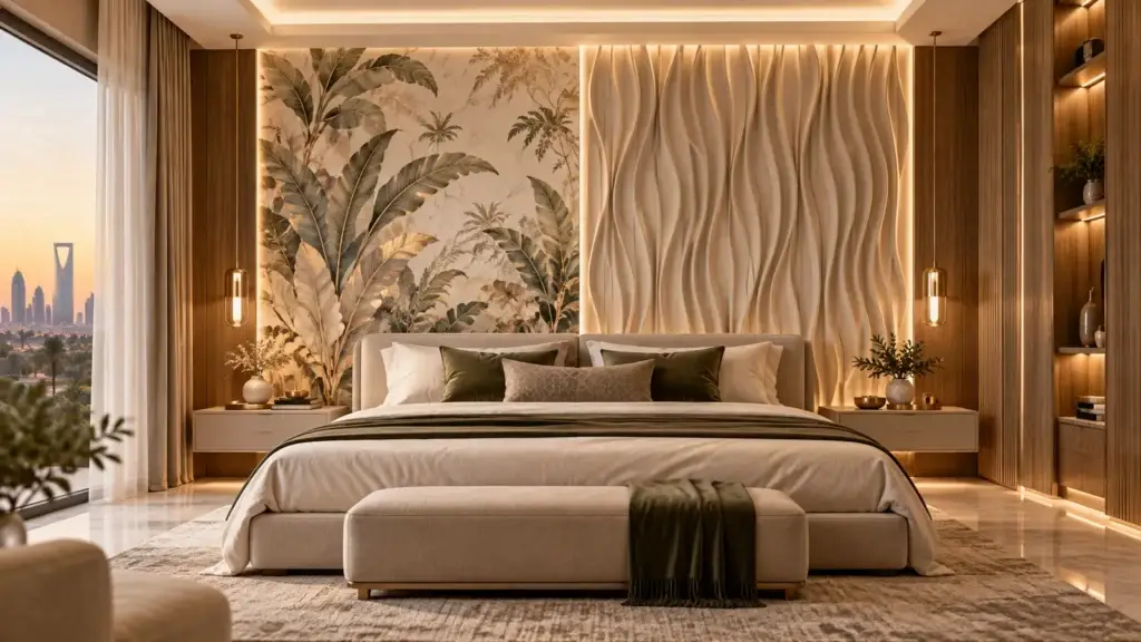 Luxury bedroom with wallpaper and decorative textured wall panels