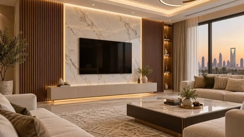 Modern TV wall with wood-look panels and marble-effect cladding