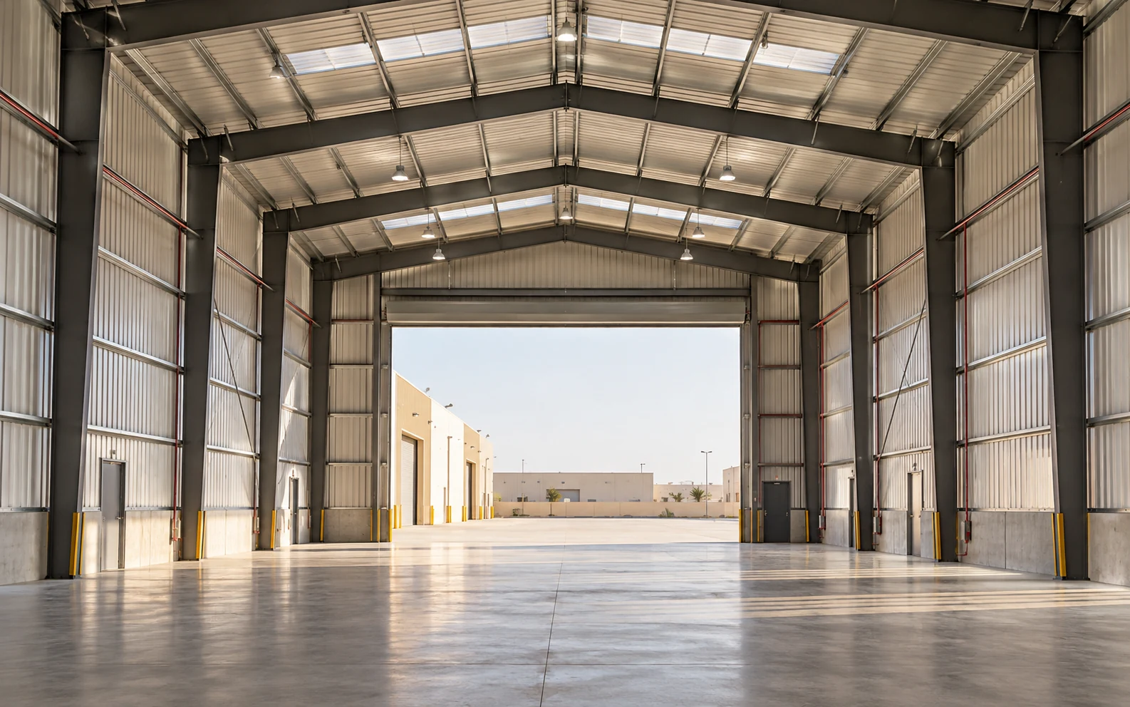 Steel warehouse frame with roof and wall cladding
