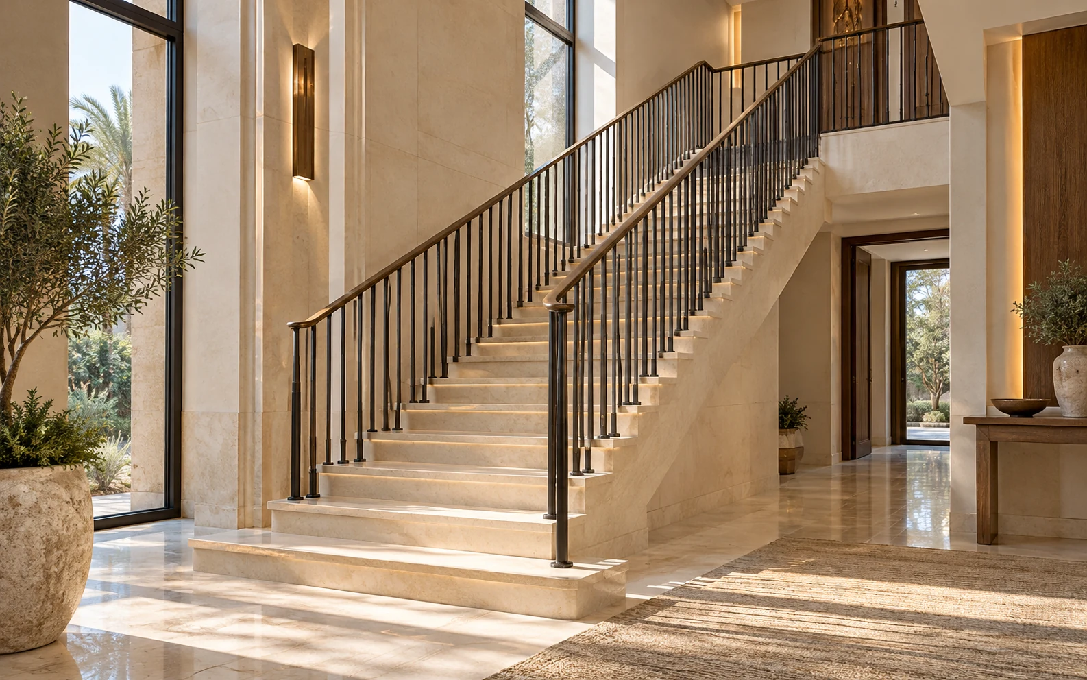 Interior staircase with metal railing and wooden handrail
