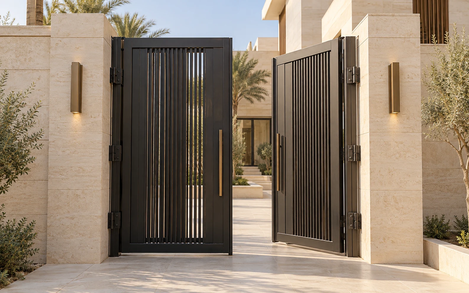 Fabricated steel entrance gates beside a stone boundary wall